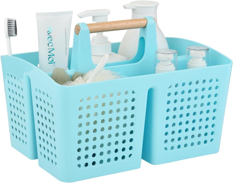 PAKCHOICE Portable Shower Caddy Basket with Compartments, Plastic Divided Cleaning Caddy Organizer Storage Tote with Handle for Bathroom, College, Dorm Room Essentials, Light Blue - Image 1